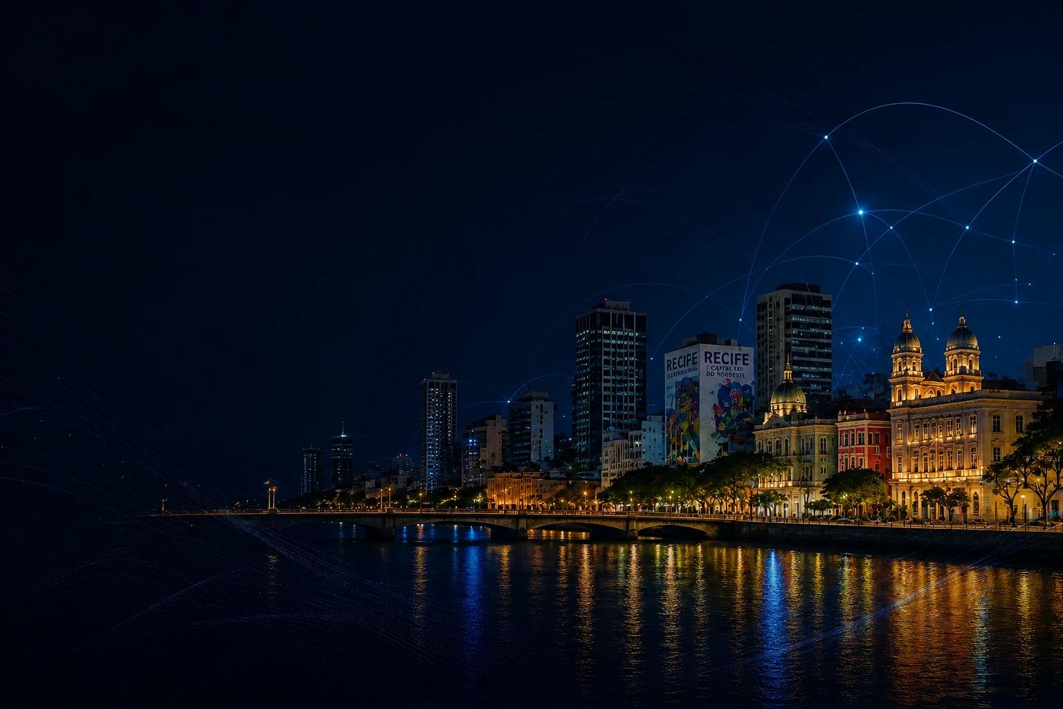 Marco Zero e centro do Recife à noite com atmosfera digital