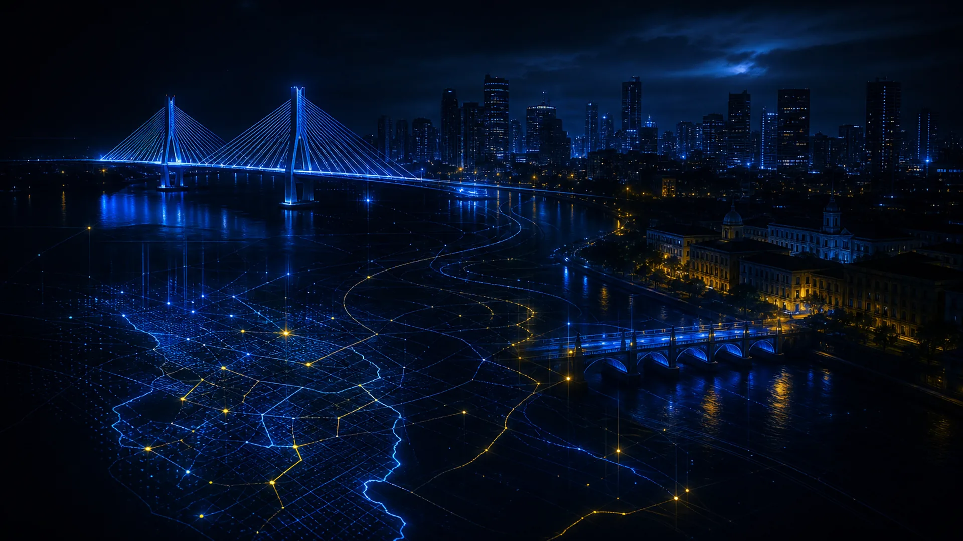 Recife em atmosfera digital escura com mapa e conexões locais